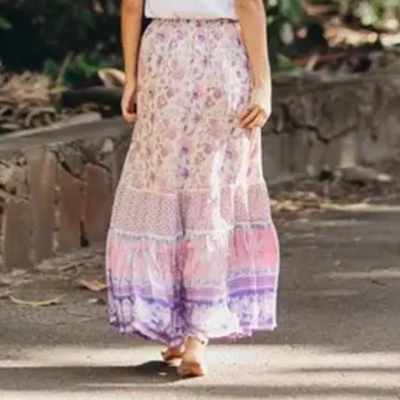 Boho Lilac Purple Floral Print Stretchy Waist Maxi Skirt - Picture 5 of 9